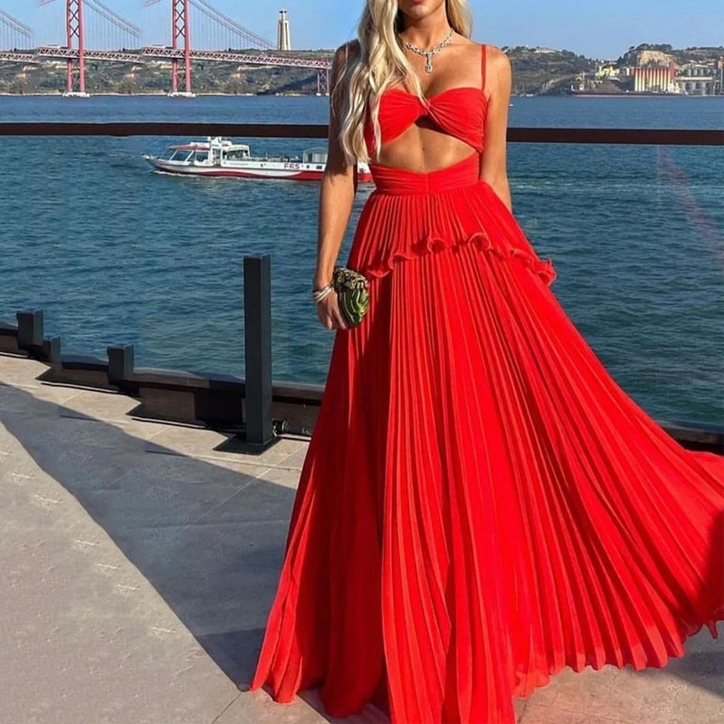 Ellafads Women Maxi Dress Fashion Solid Suspender Sleeveless V Neck Open Waist Slim Backless Pleated Evening Dresses Streetwear