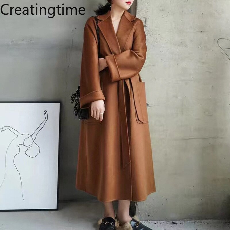 Creatingtime Water Ripple Bathrobe Style Double-sided Cashmere Woolen Coat Women's Notched Bandage 2023 Spring Autumn New GA809
