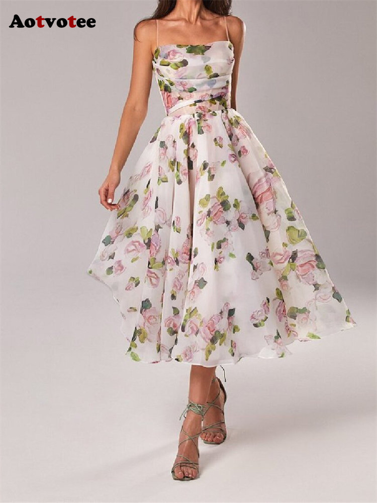 Aotvotee Spaghetti Strap Dress for Women 2023 Fashion Sweet Sleeveless Summer Dress Elegant Printing Fit and Flare Midi Dress